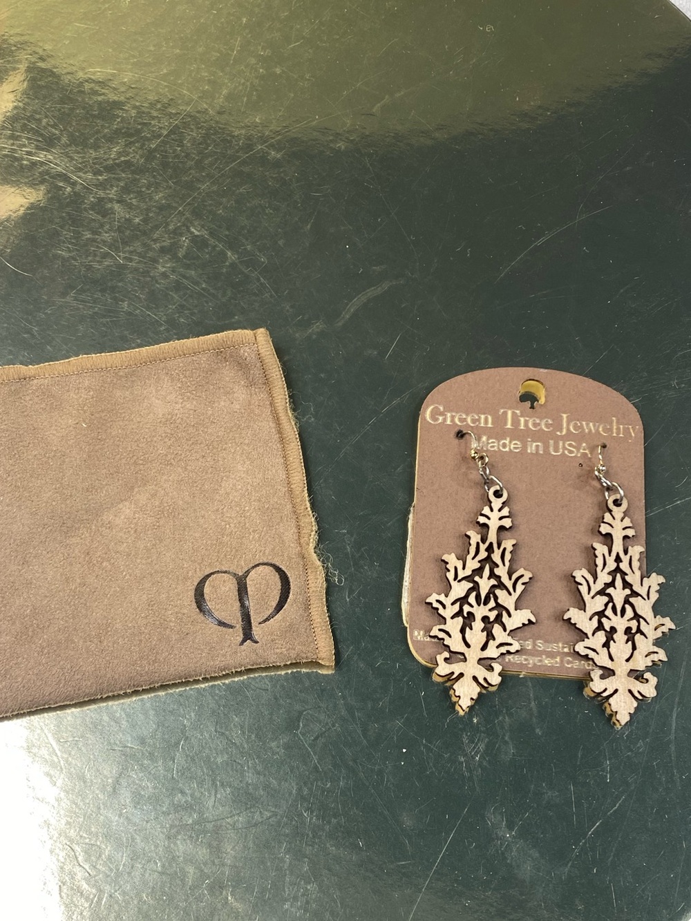 Green Tree Wood Filigree Dangle Earrings
